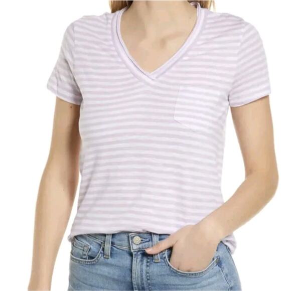 Caslon Women's Short Sleeve Pocket Cotton Tee in Purple Stripe - Picture 1 of 6